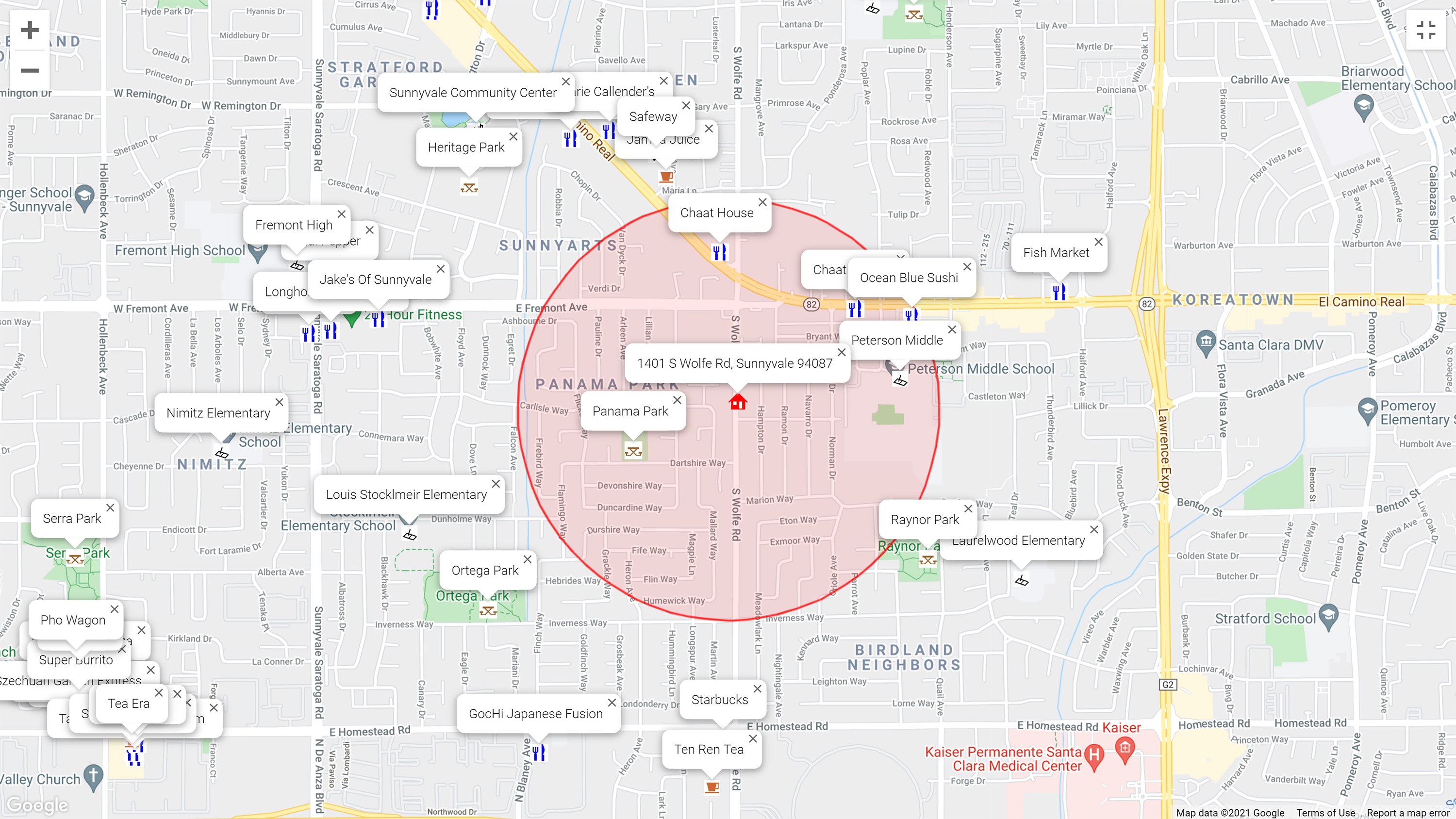 Map of attractions near 1401 S Wolfe Rd, Sunnyvale 94087