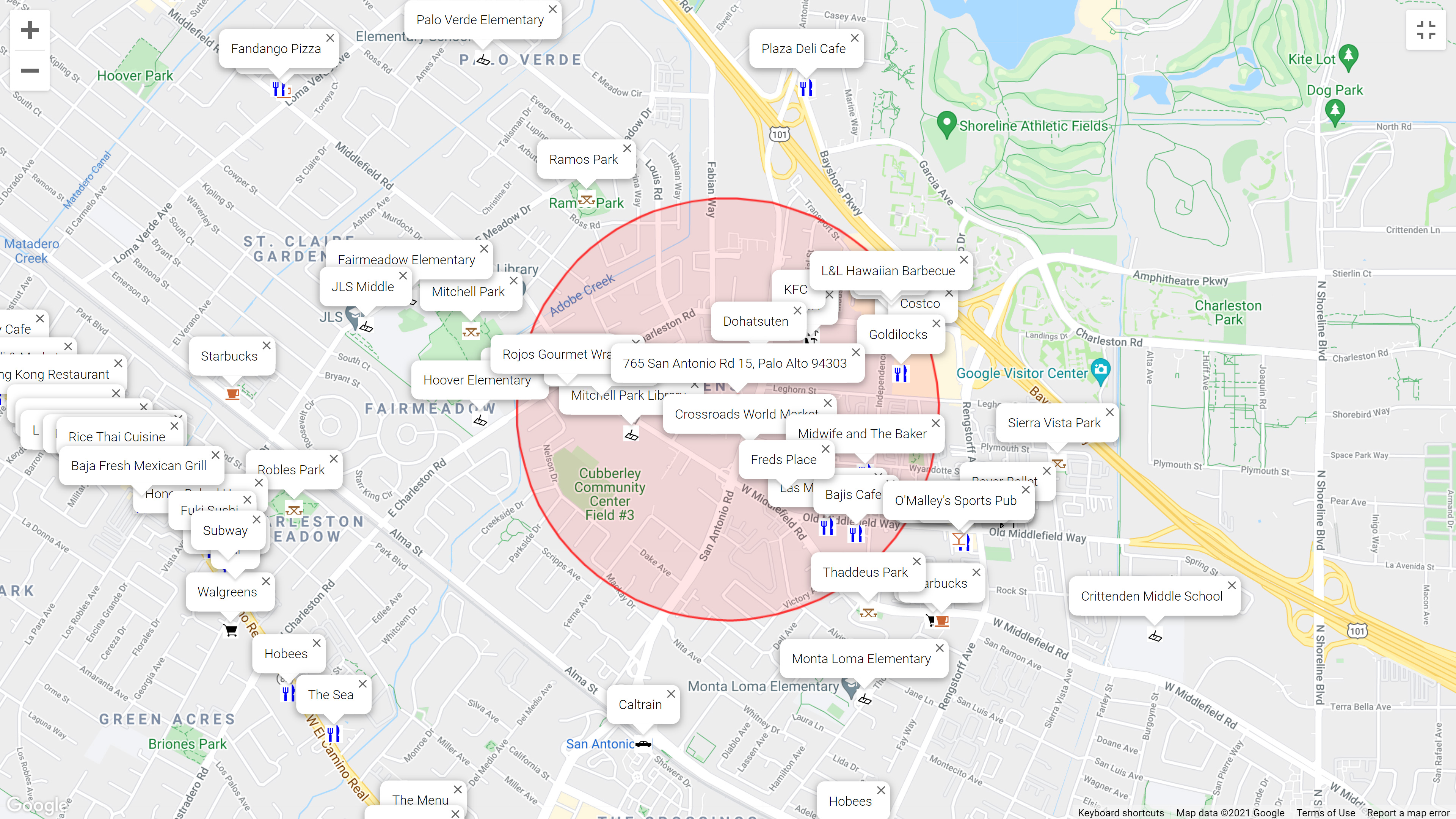 Map of attractions near 765 San Antonio Rd 15, Palo Alto 94303