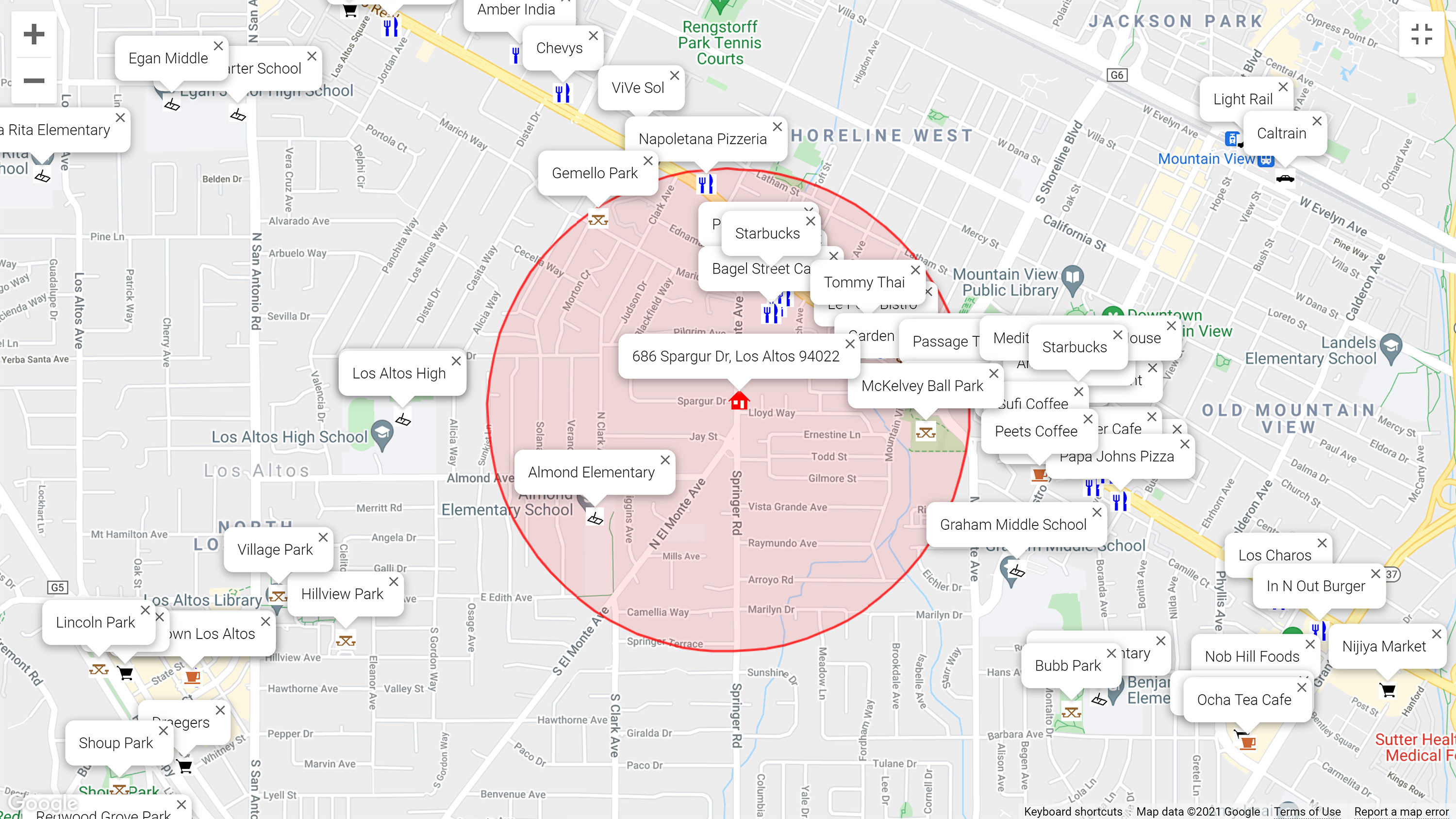 Map of attractions near 686 Spargur Dr, Los Altos 94022