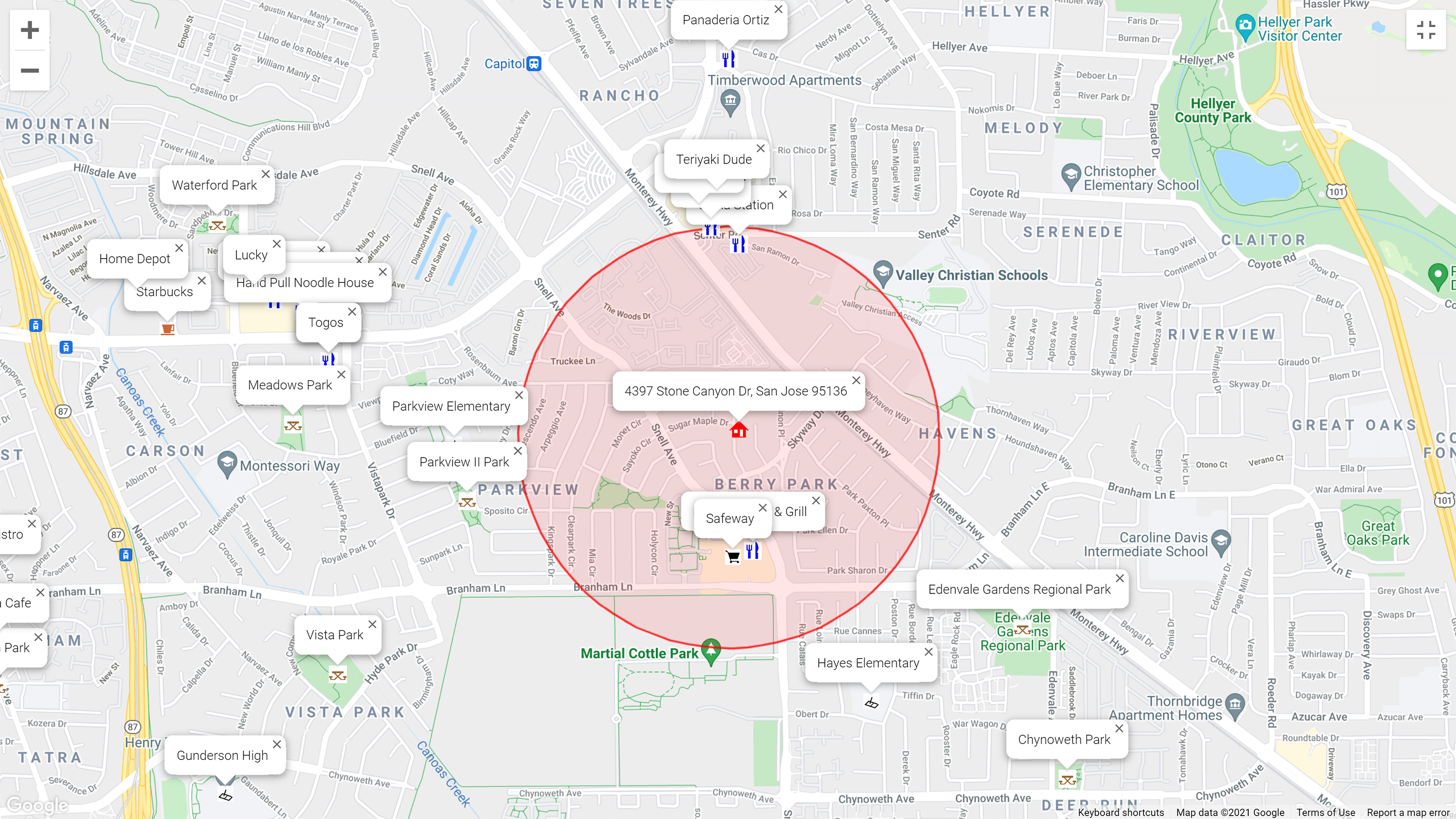 Map of attractions near 4397 Stone Canyon Dr, San Jose 95136