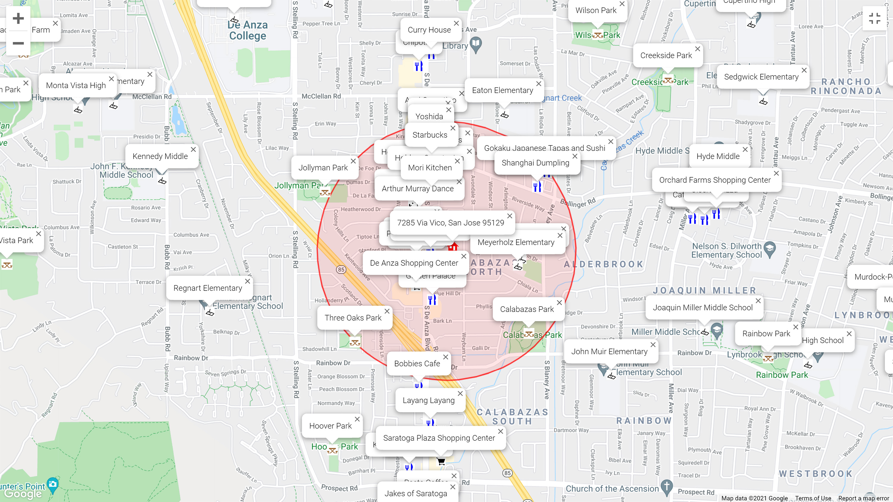Map of attractions near 7285 Via Vico, San Jose 95129
