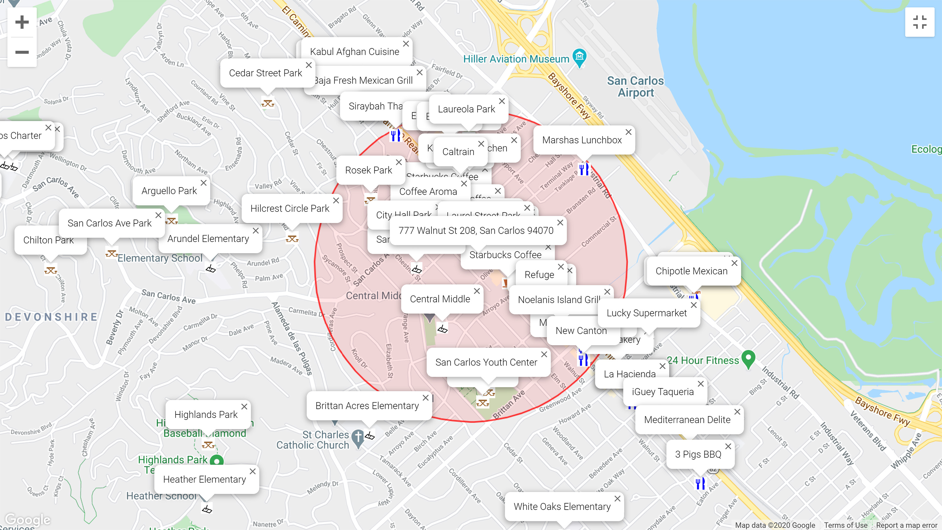 Map of attractions near 777 Walnut St 208, San Carlos 94070