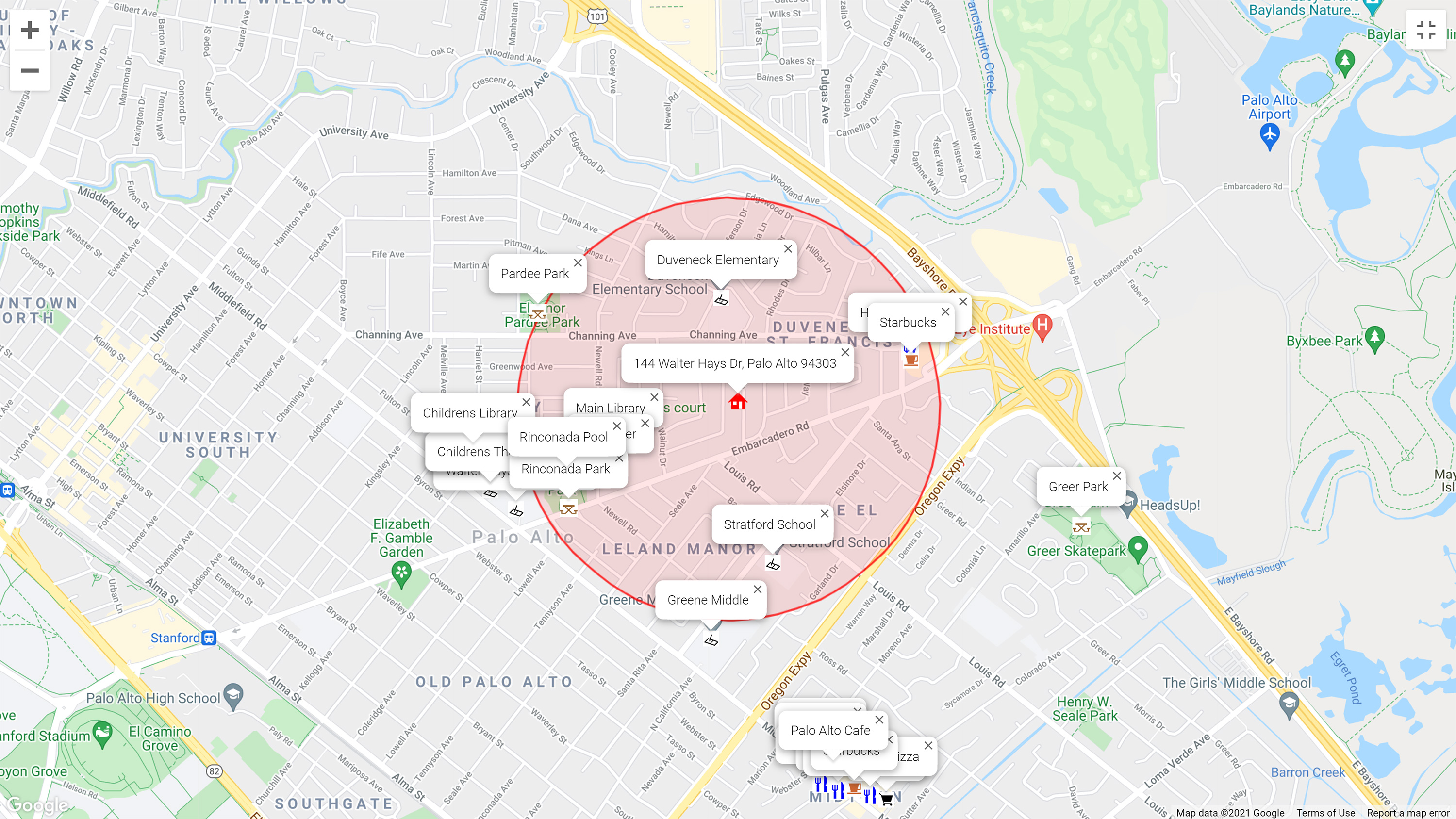 Map of attractions near 144 Walter Hays Dr, Palo Alto 94303