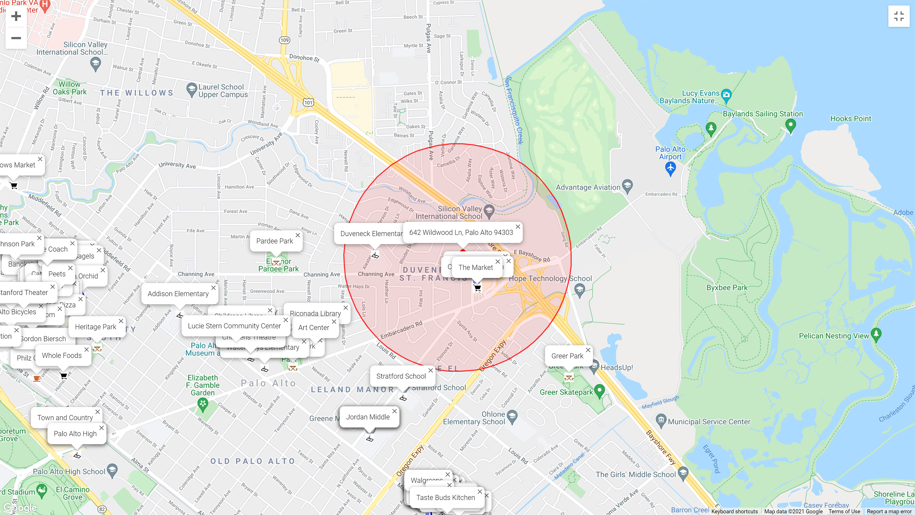 Map of attractions near 642 Wildwood Ln, Palo Alto 94303