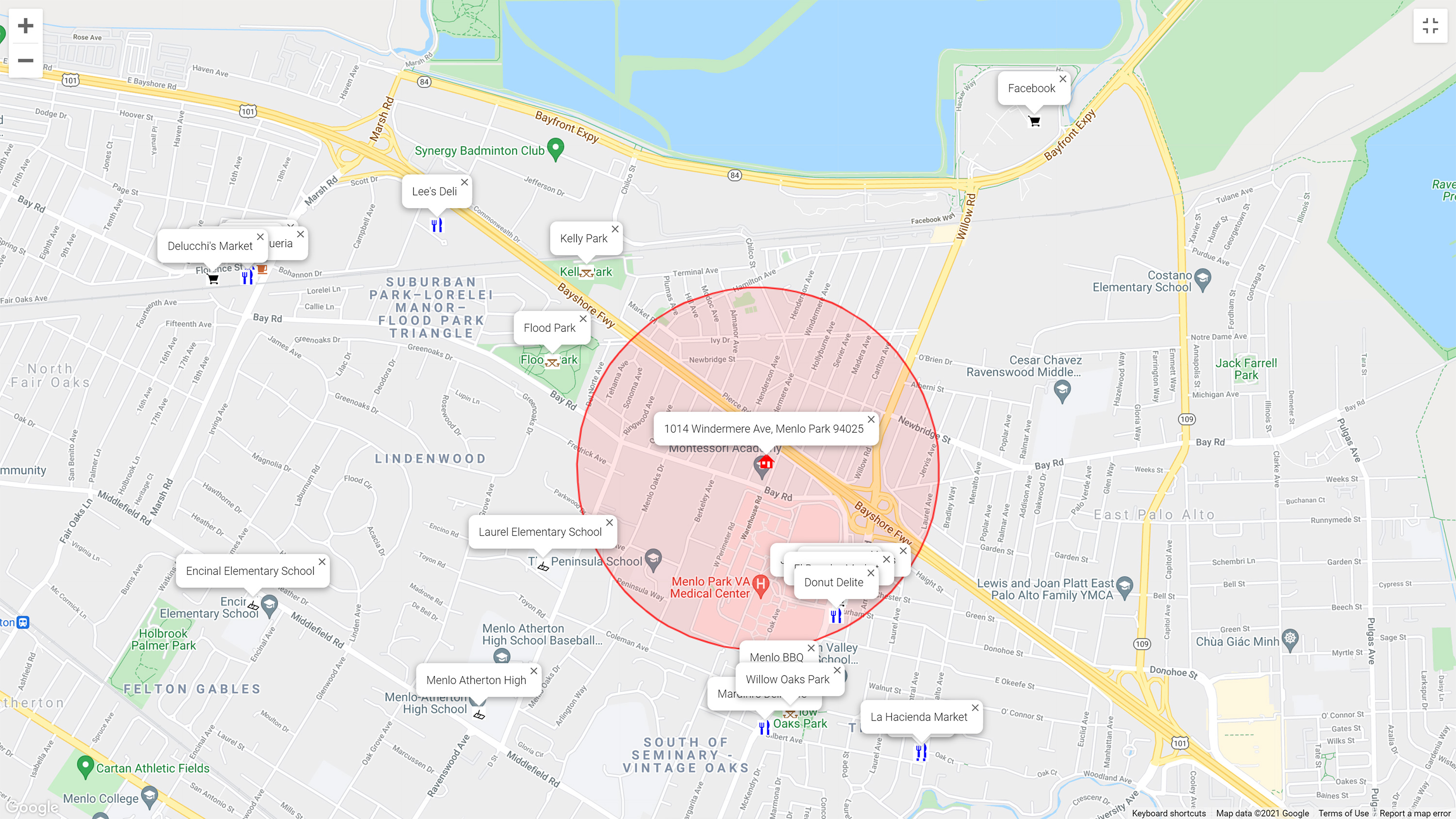 Map of attractions near 1014 Windermere Ave, Menlo Park 94025