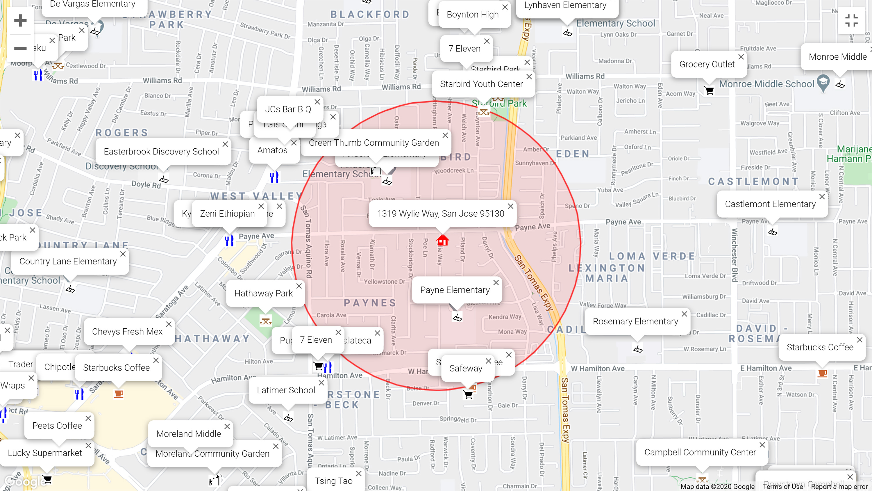 Map of attractions near 1319 Wylie Way, San Jose 95130