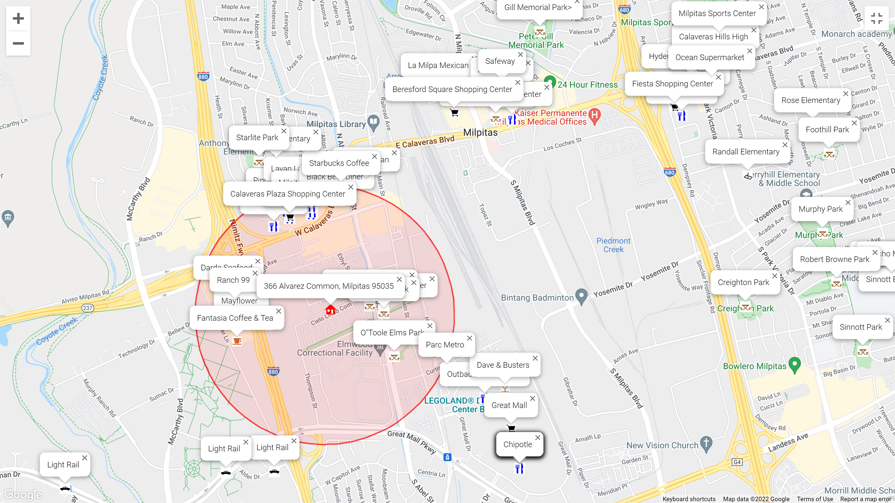 Map of attractions near 366 Alvarez Common, Milpitas 95035