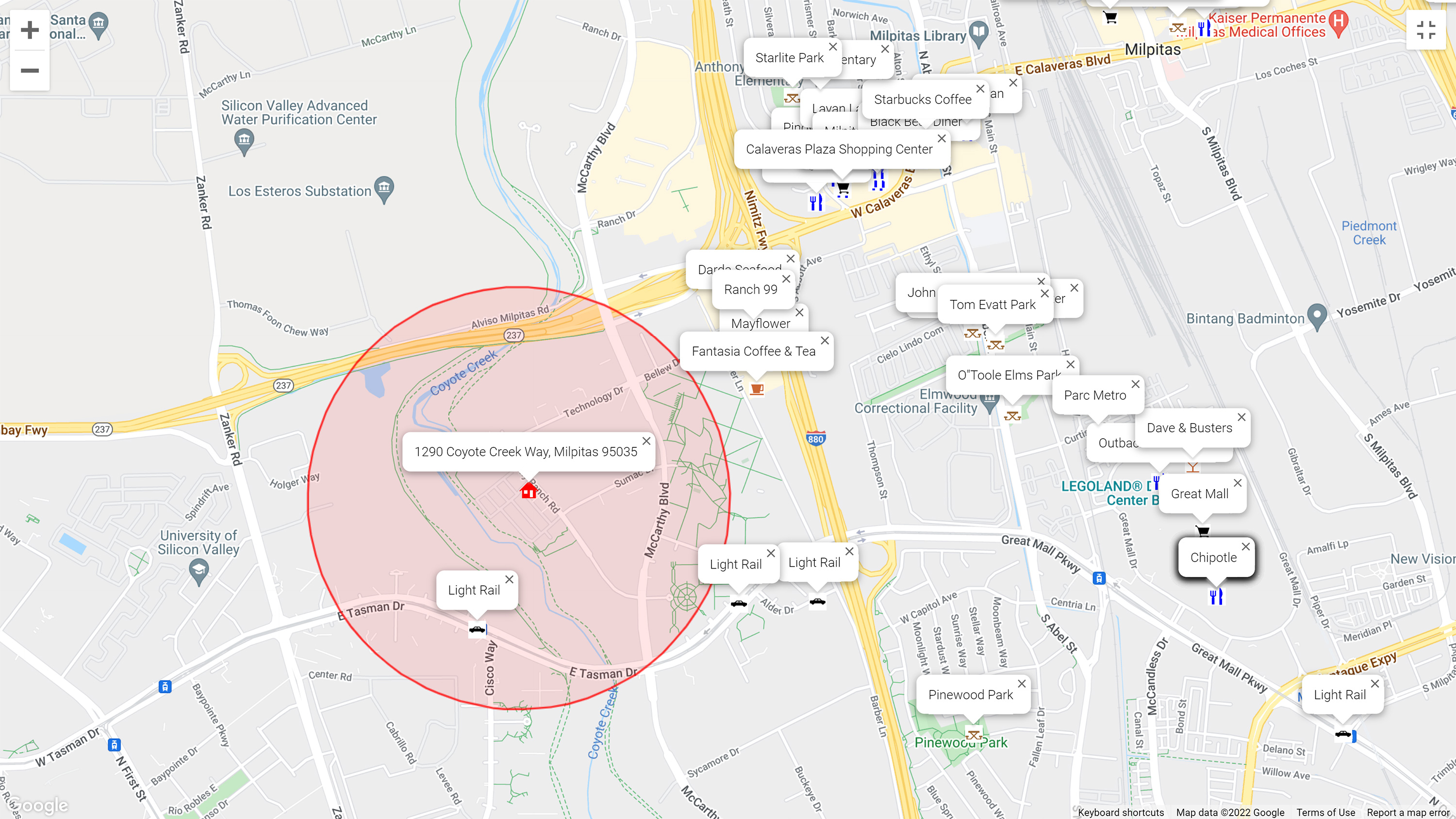 Map of attractions near 1290 Coyote Creek Way, Milpitas 95035