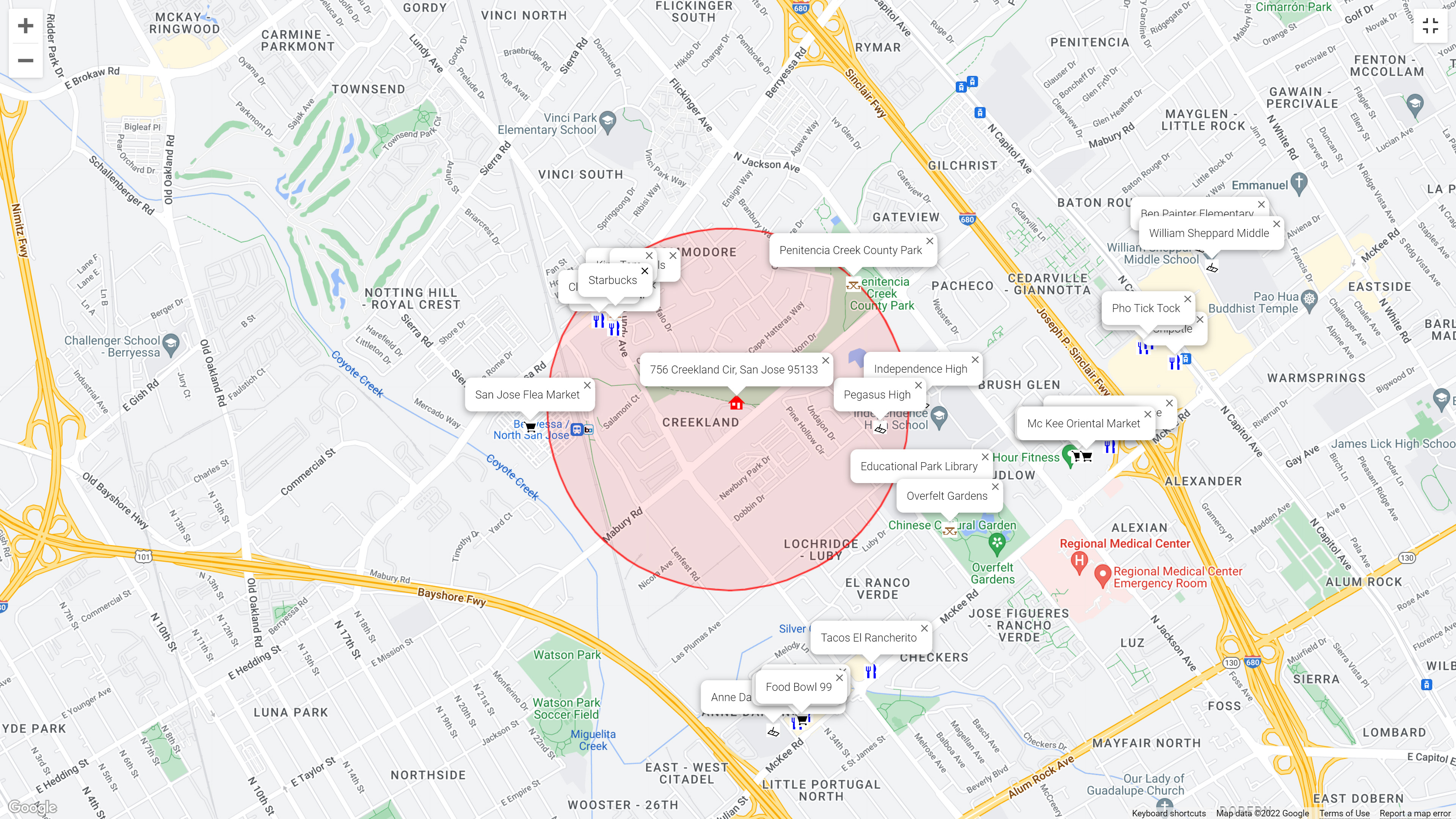 Map of attractions near 756 Creekland Cir, San Jose 95133