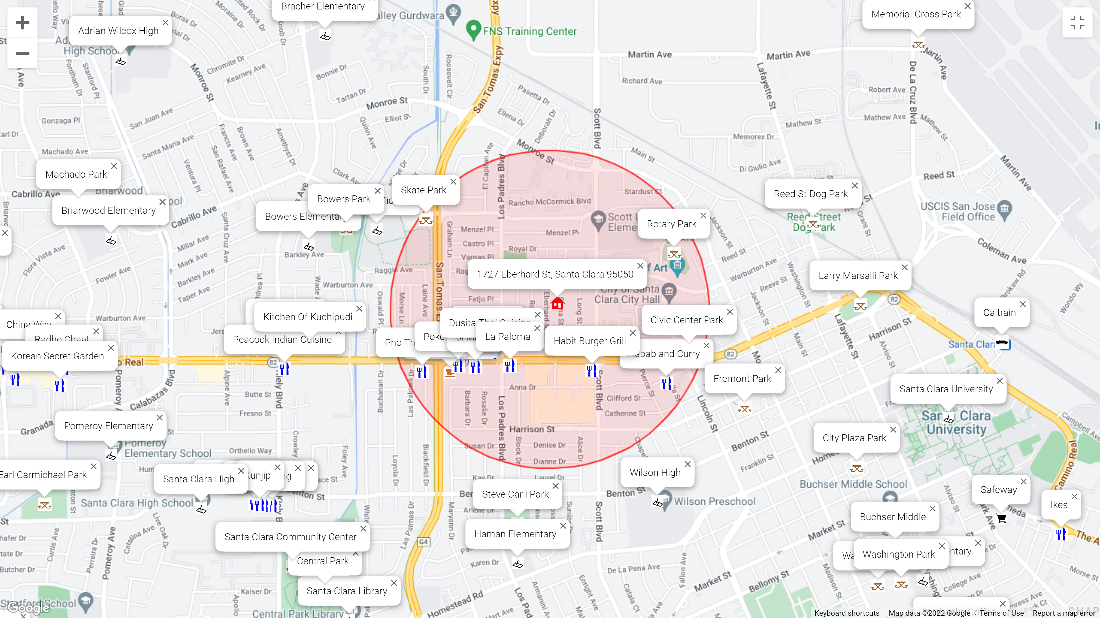 Map of attractions near 1727 Eberhard St, Santa Clara 95050