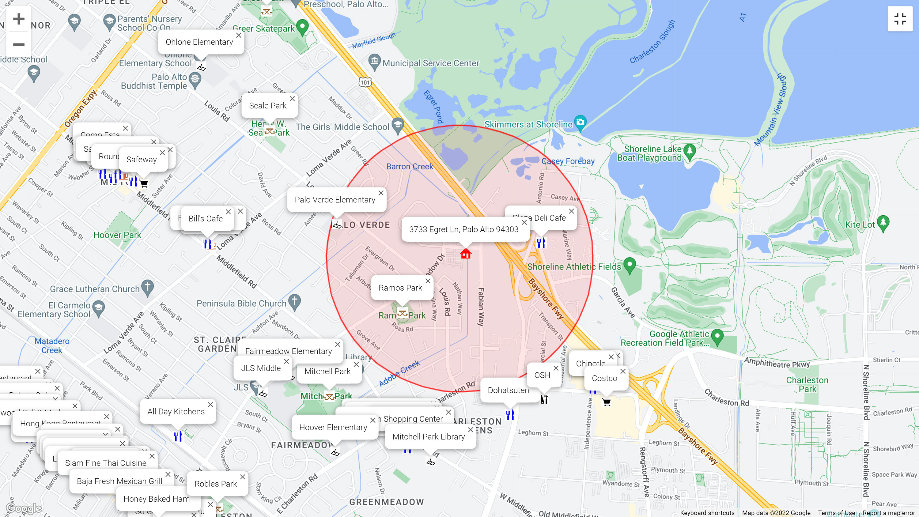 Map of attractions near 3733 Egret Ln, Palo Alto 94303