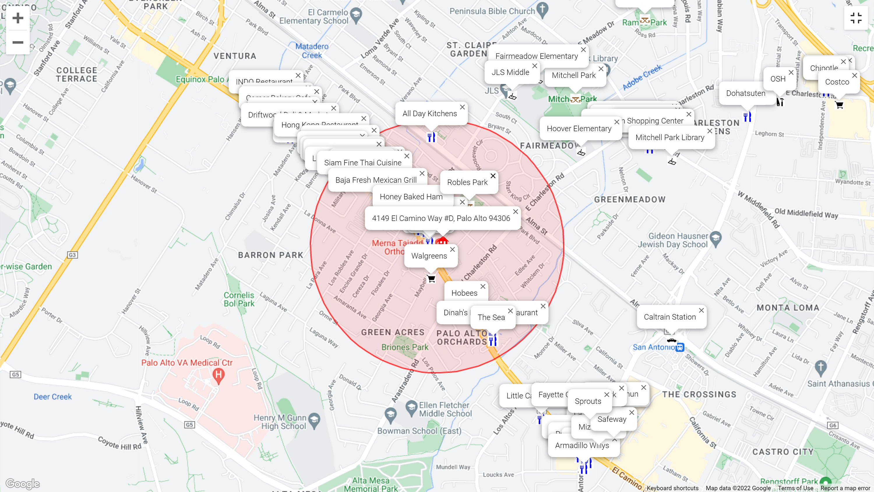 Map of attractions near 4149 El Camino Way #D, Palo Alto 94306