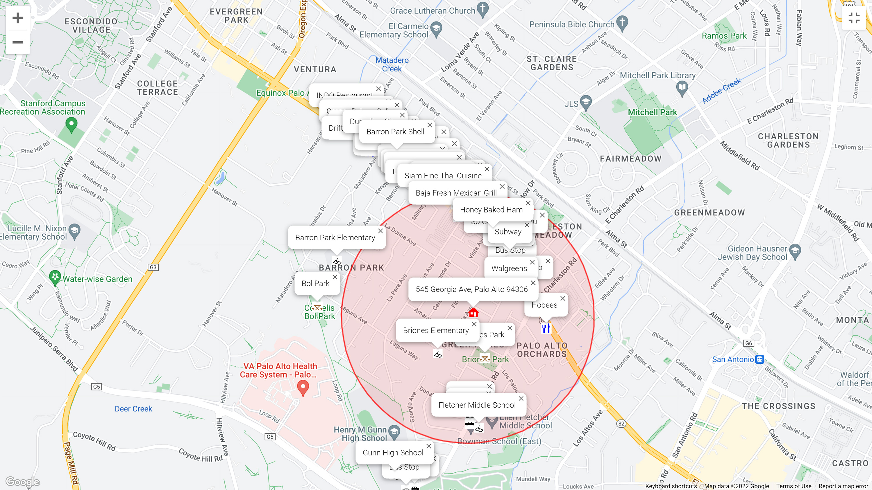Map of attractions near 545 Georgia Ave, Palo Alto 94306