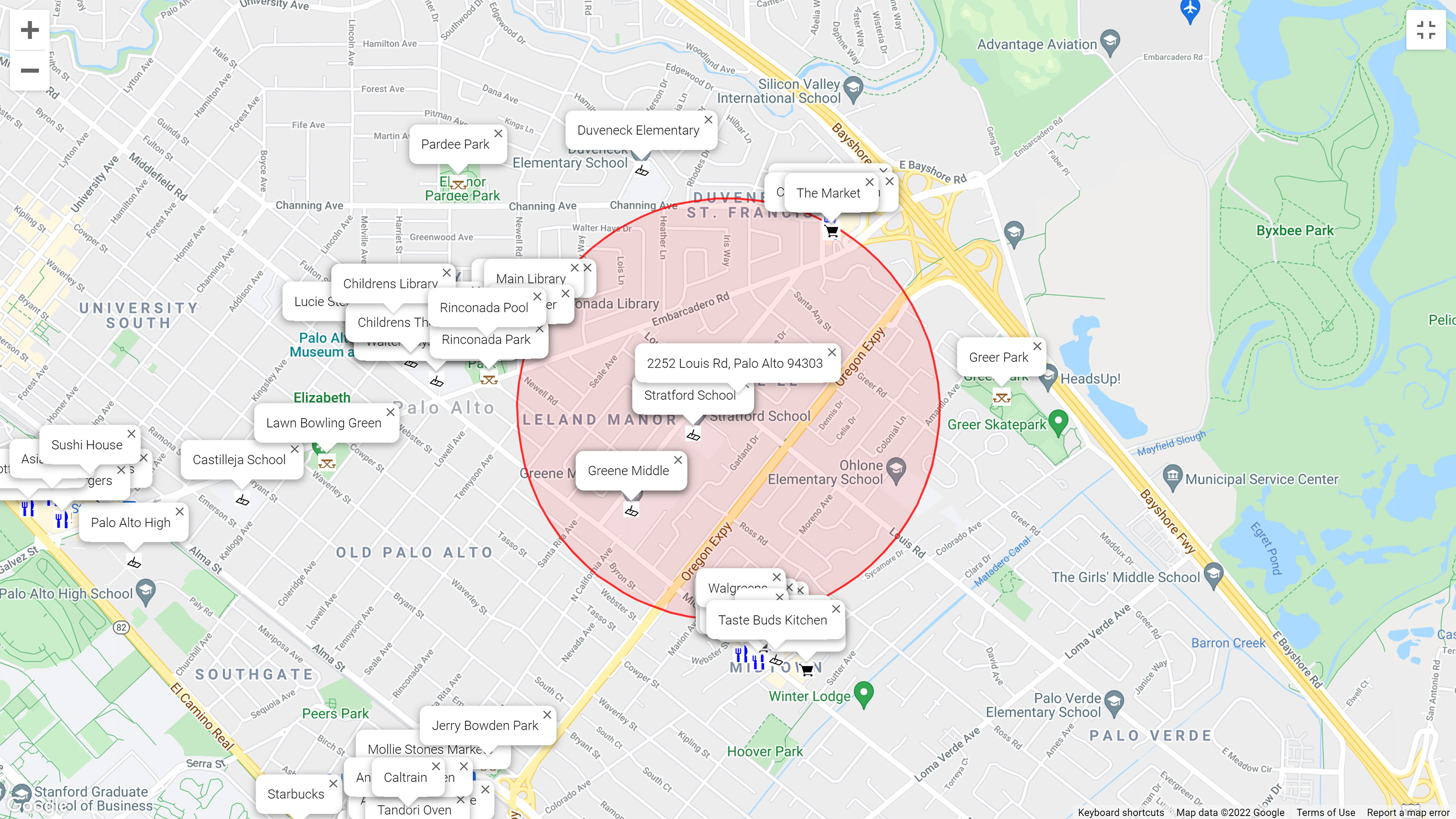 Map of attractions near 2252 Louis Rd, Palo Alto 94303