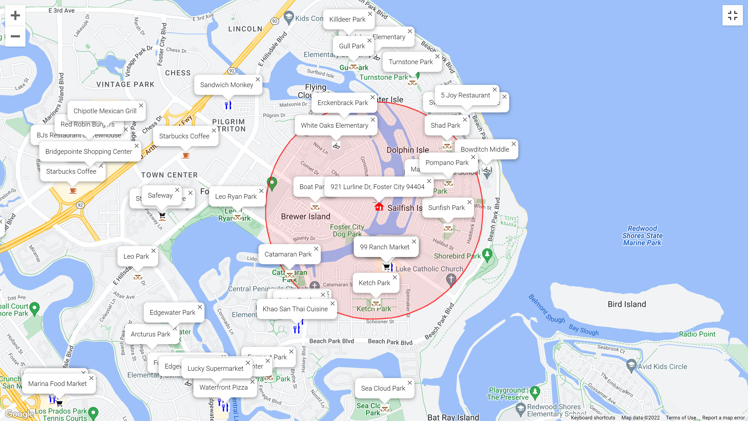 Map of attractions near 921 Lurline Dr, Foster City 94404
