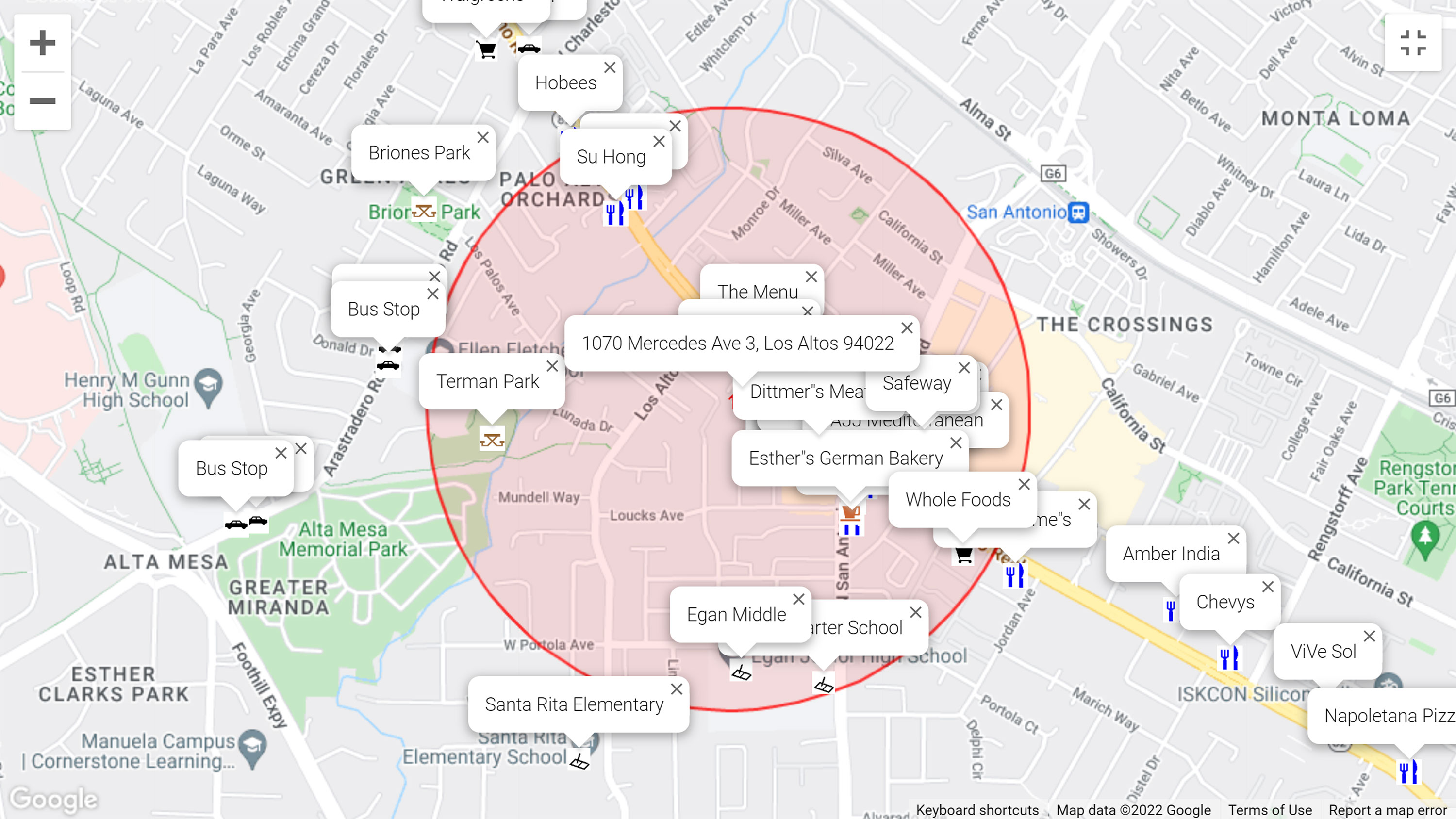 Map of attractions near 1070 Mercedes Ave 3, Los Altos 94022