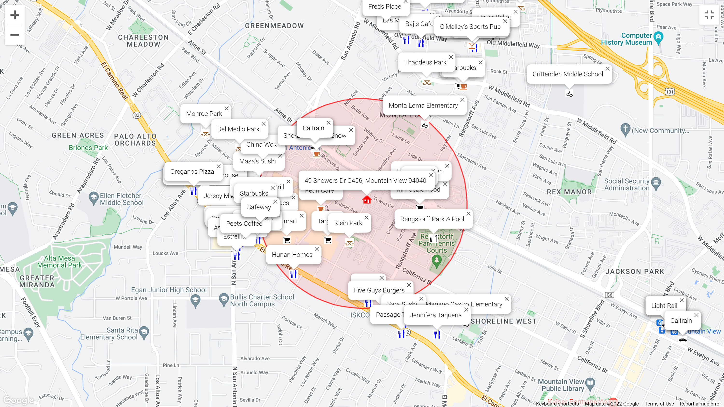 Map of attractions near 49 Showers Dr C456, Mountain View 94040