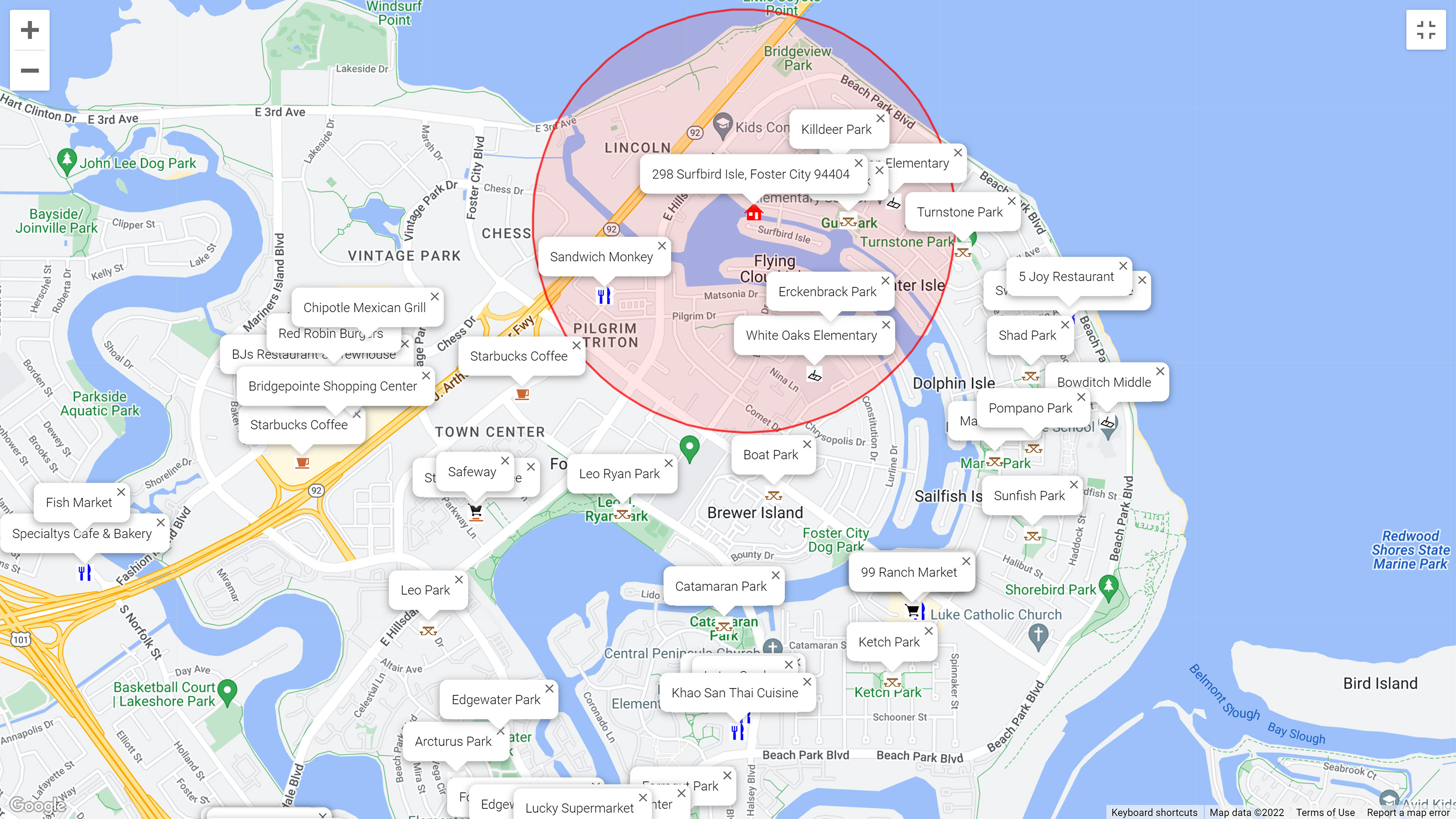 Map of attractions near 298 Surfbird Isle, Foster City 94404