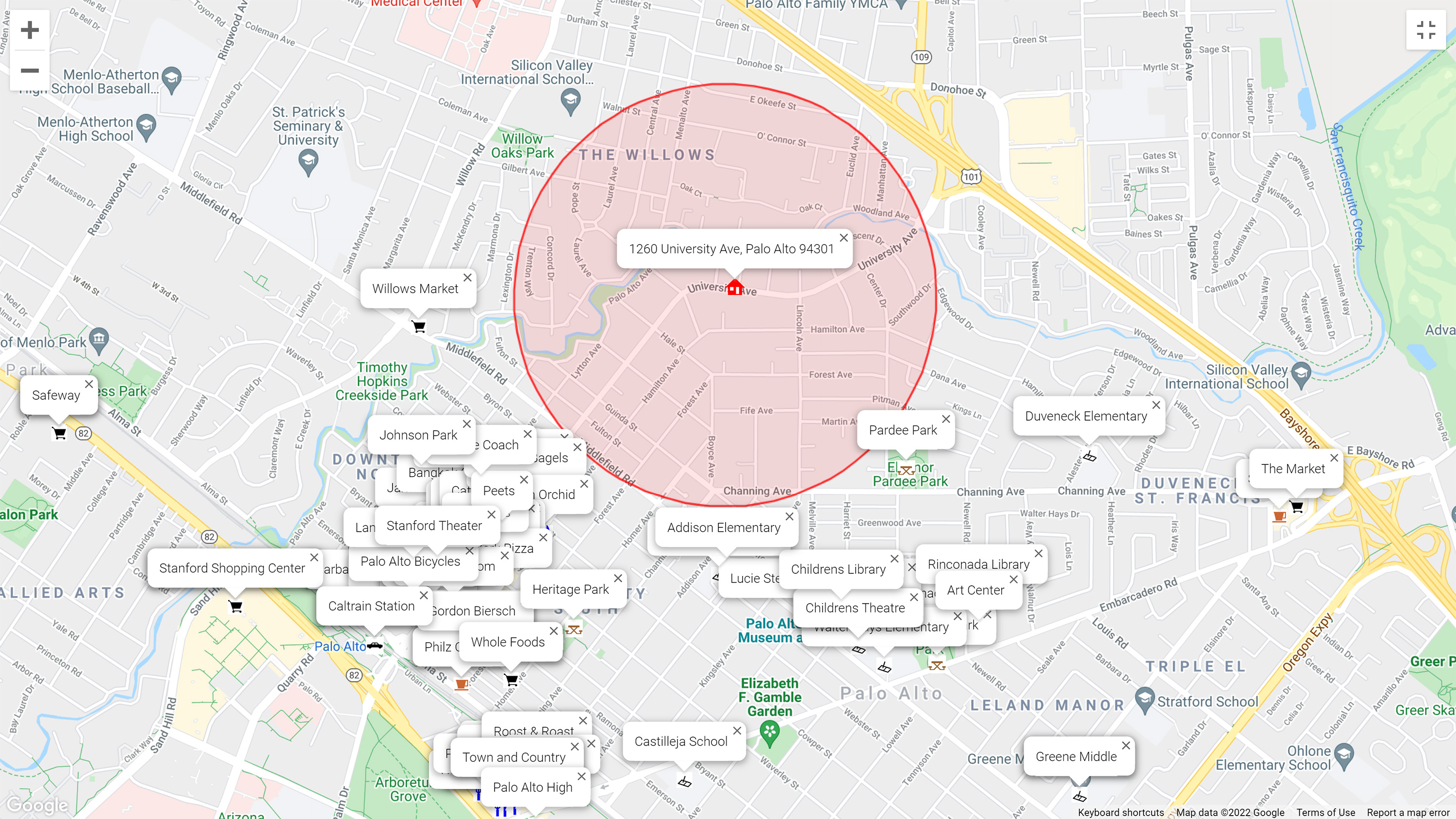 Map of attractions near 1260 University Ave, Palo Alto 94301