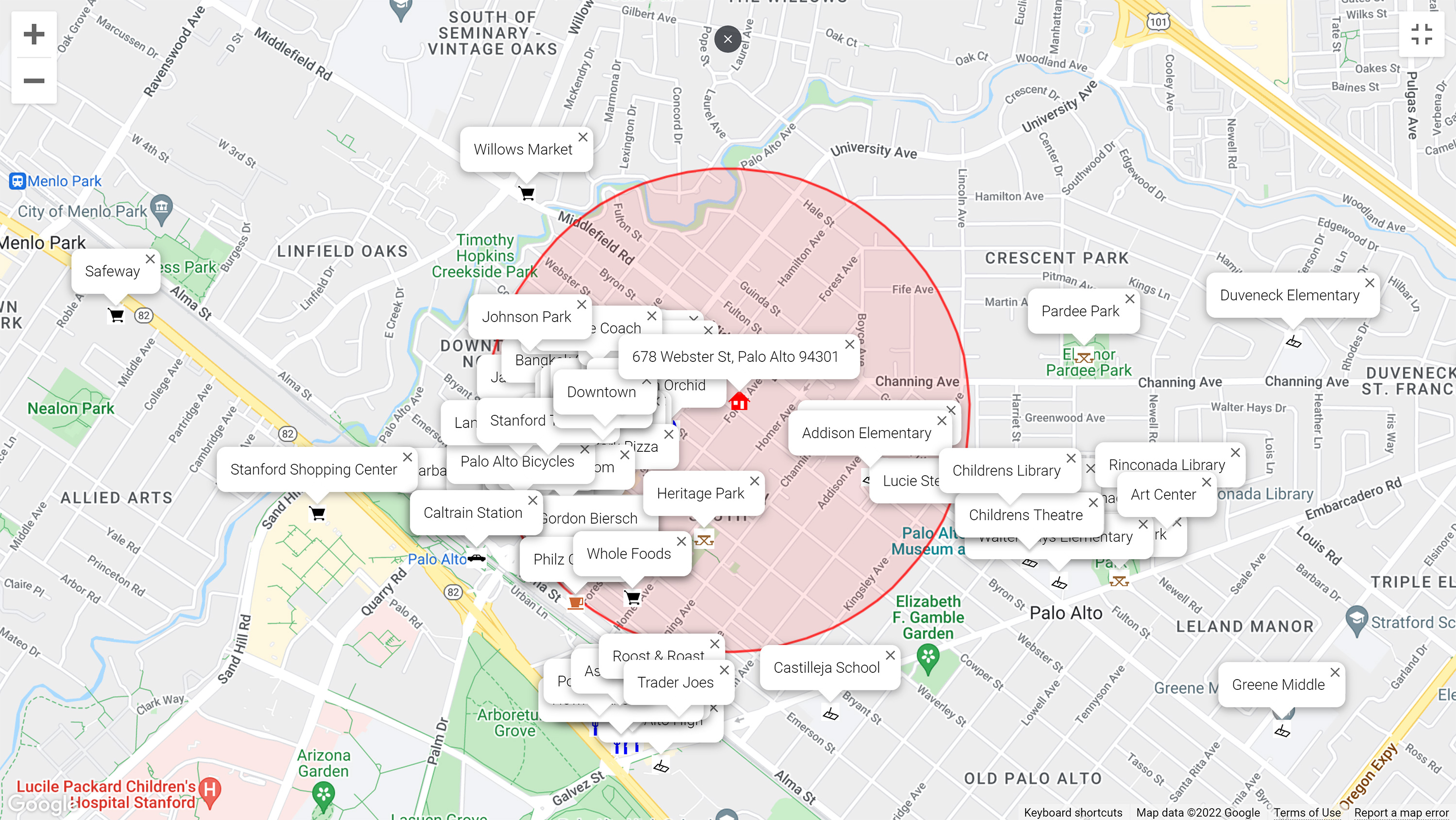 Map of attractions near 678 Webster St, Palo Alto 94301