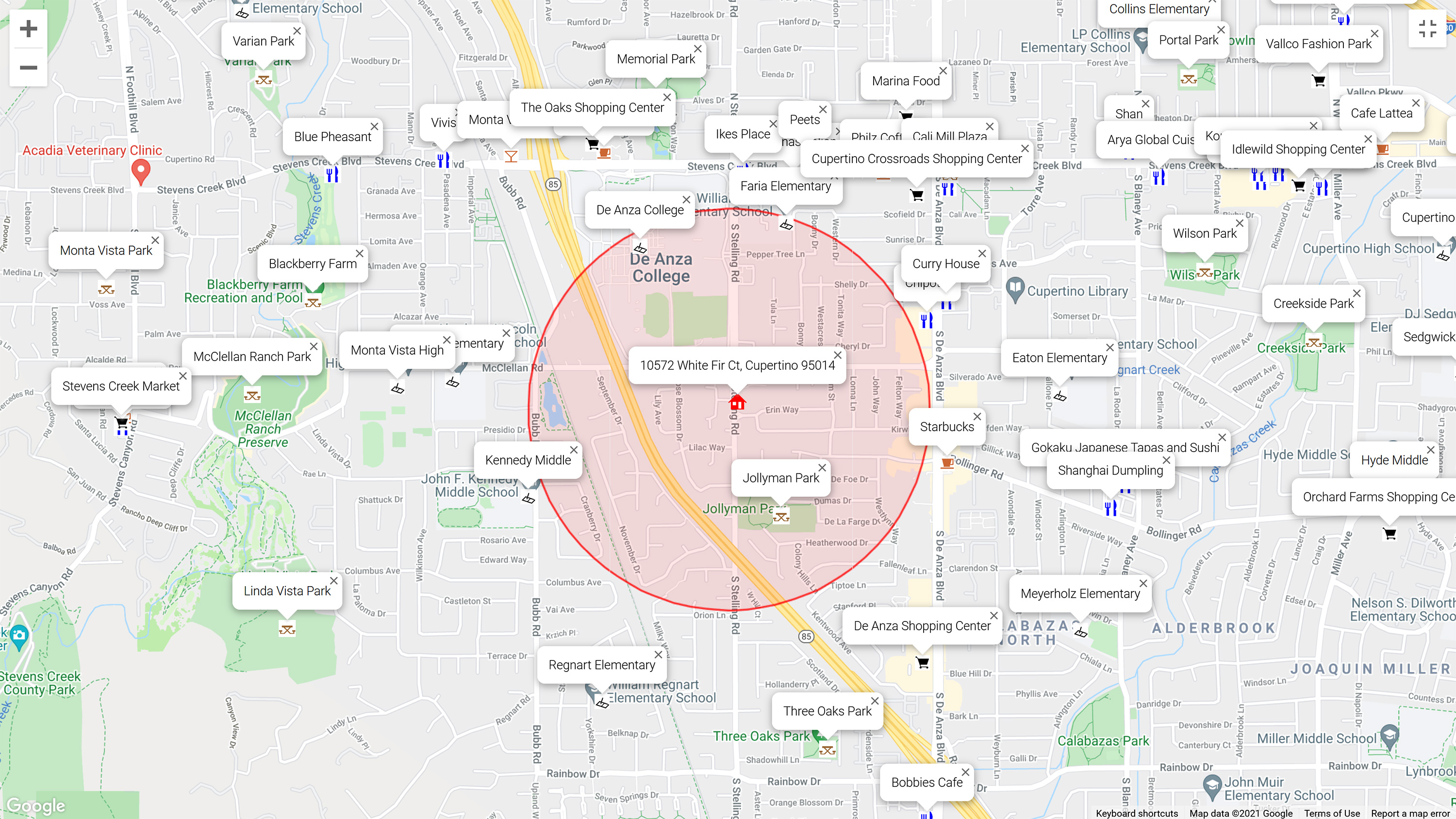 Map of attractions near 10572 White Fir Ct, Cupertino 95014