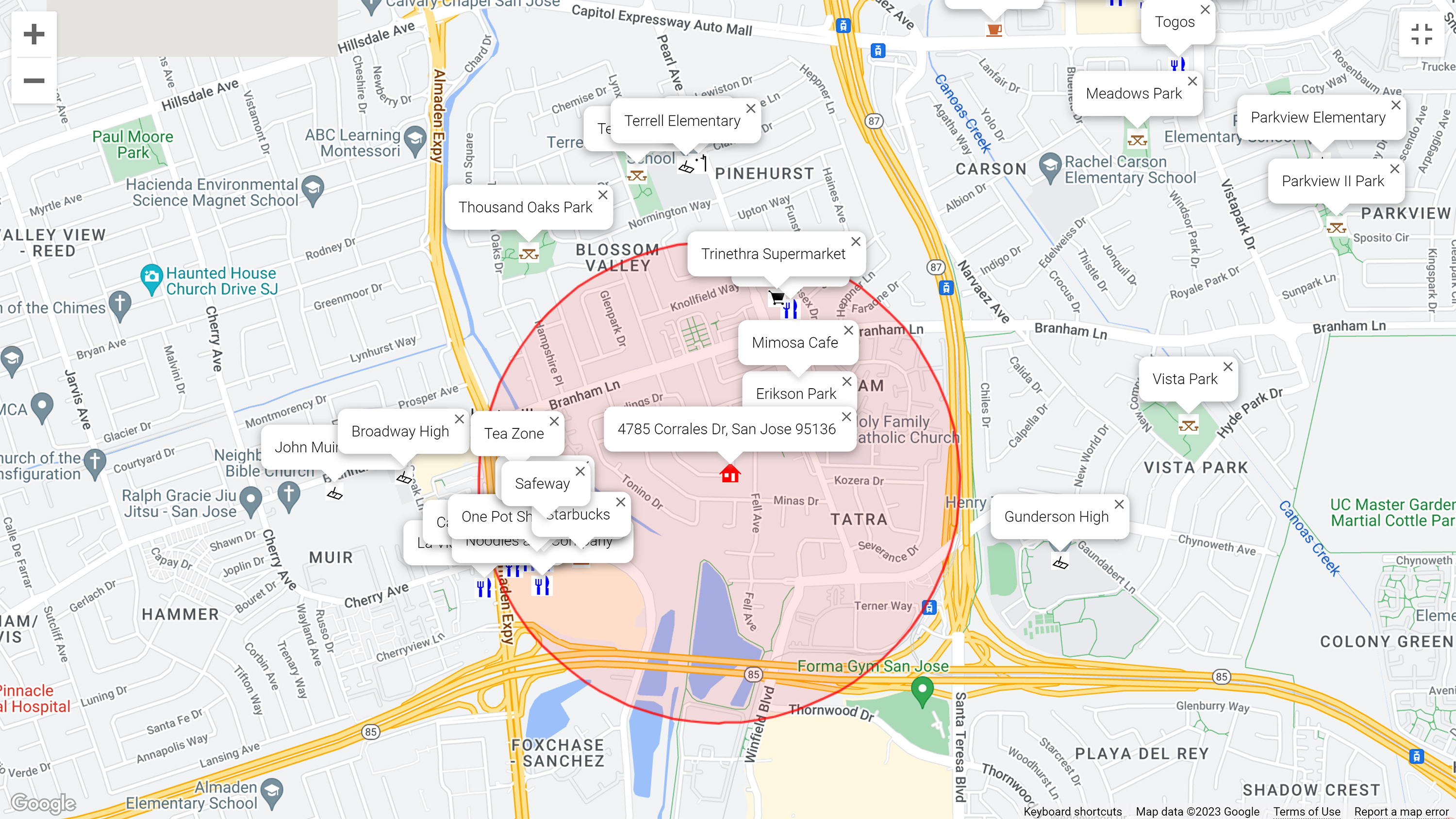 Map of attractions near 4785 Corrales Dr, San Jose 95136
