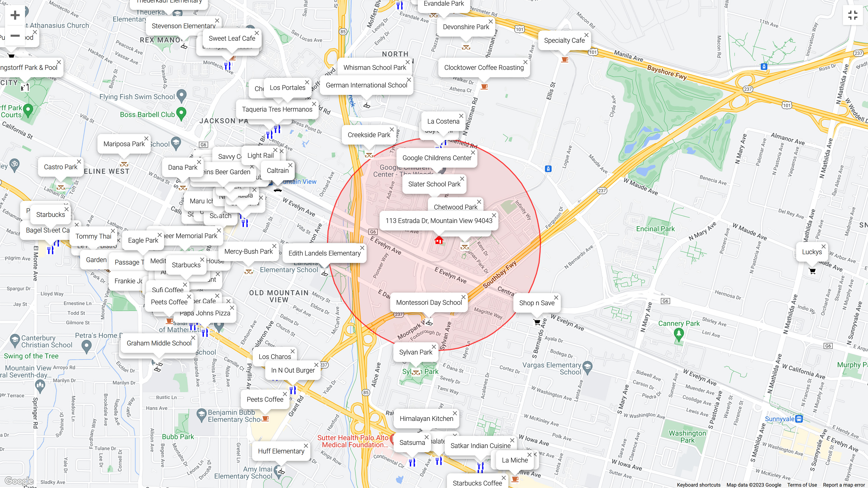 Map of attractions near 113 Estrada Dr, Mountain View 94043