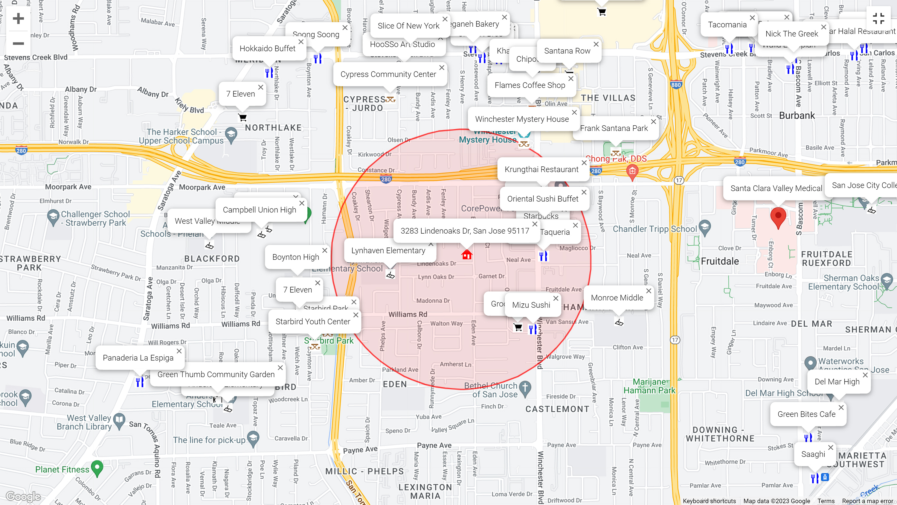 Map of attractions near 3283 Lindenoaks Dr, San Jose 95117