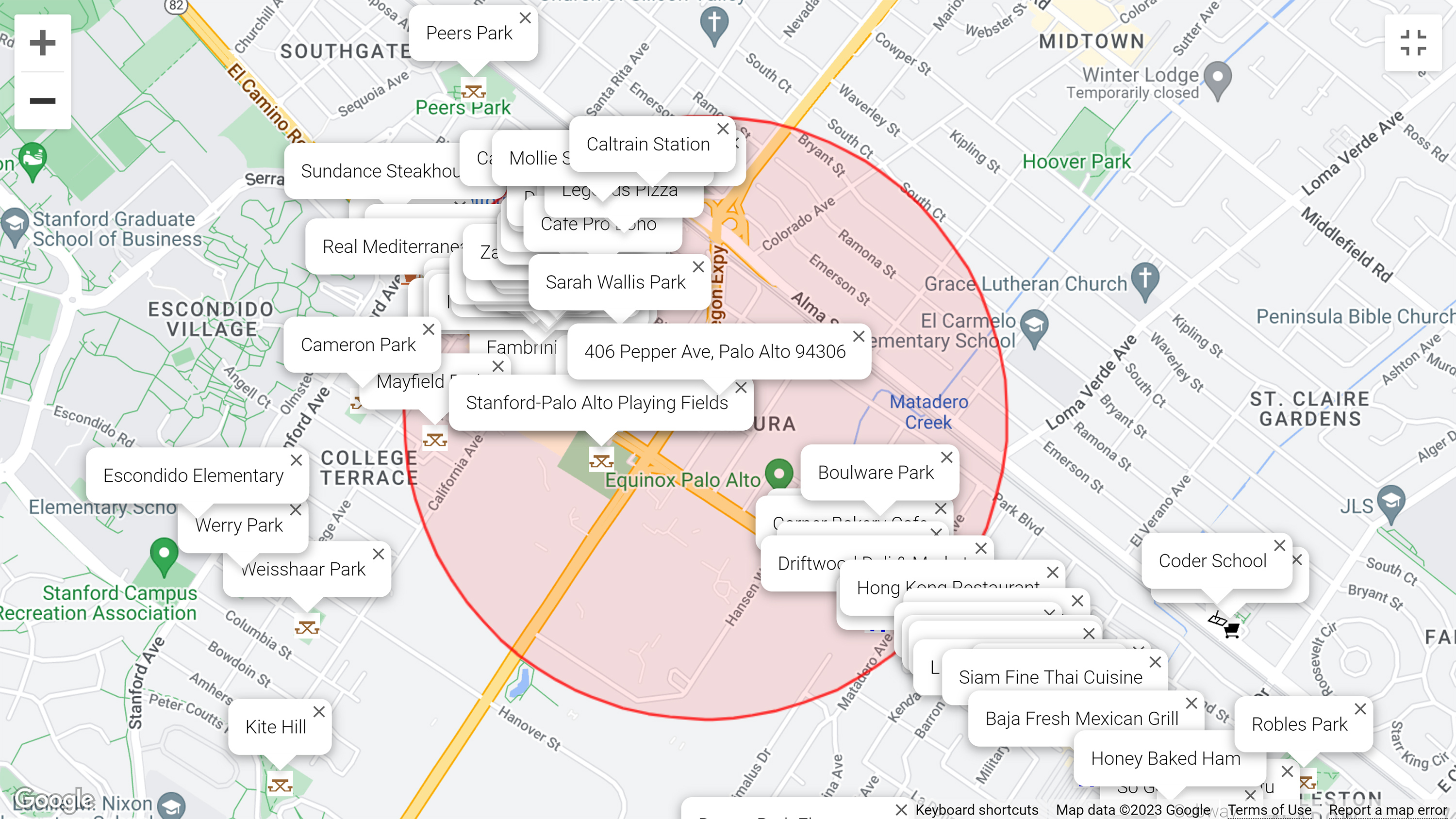 Map of attractions near 406 Pepper Ave, Palo Alto 94306