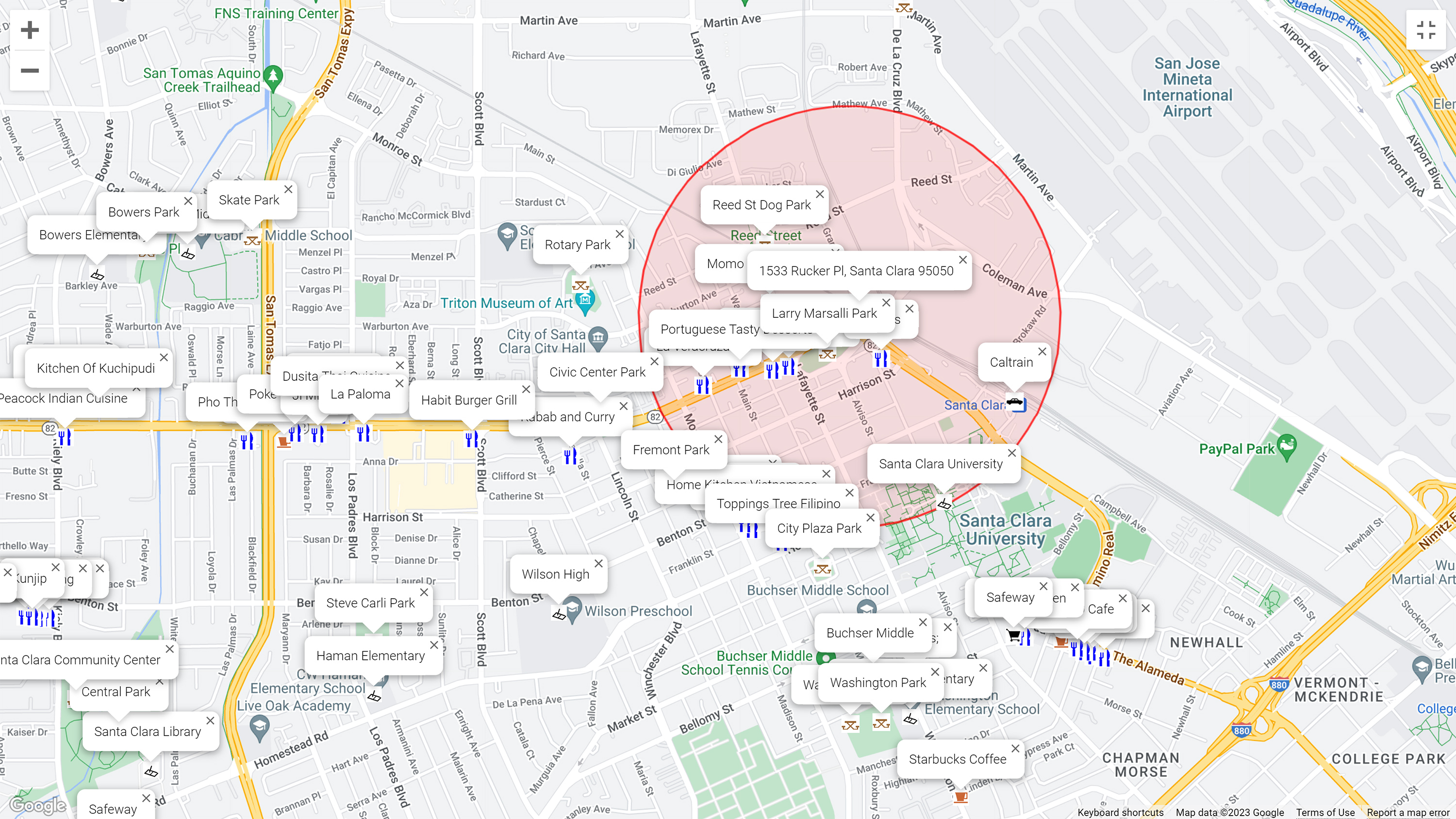Map of attractions near 1533 Rucker Pl, Santa Clara 95050