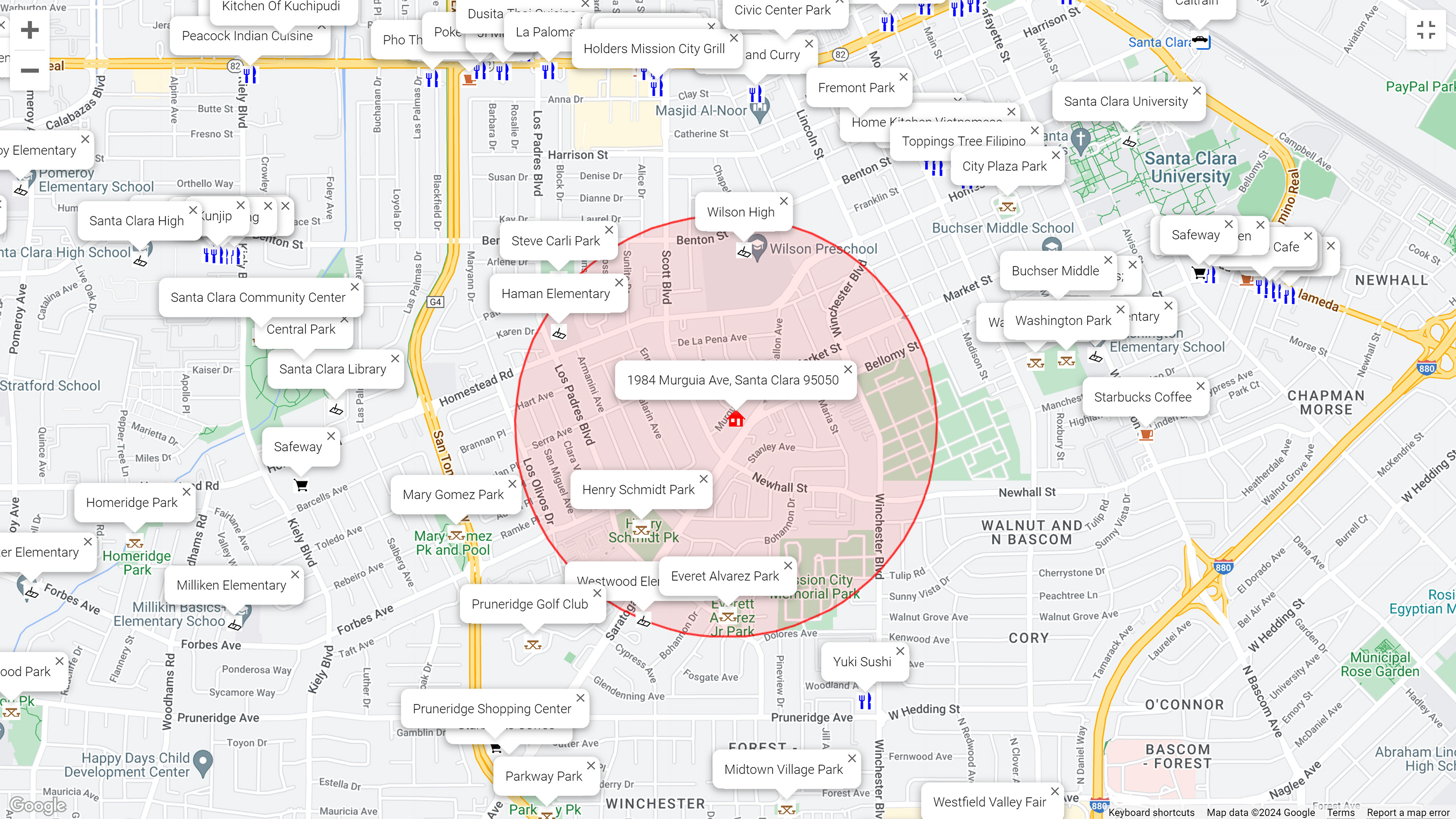 Map of attractions near 1984 Murguia Ave, Santa Clara 95050