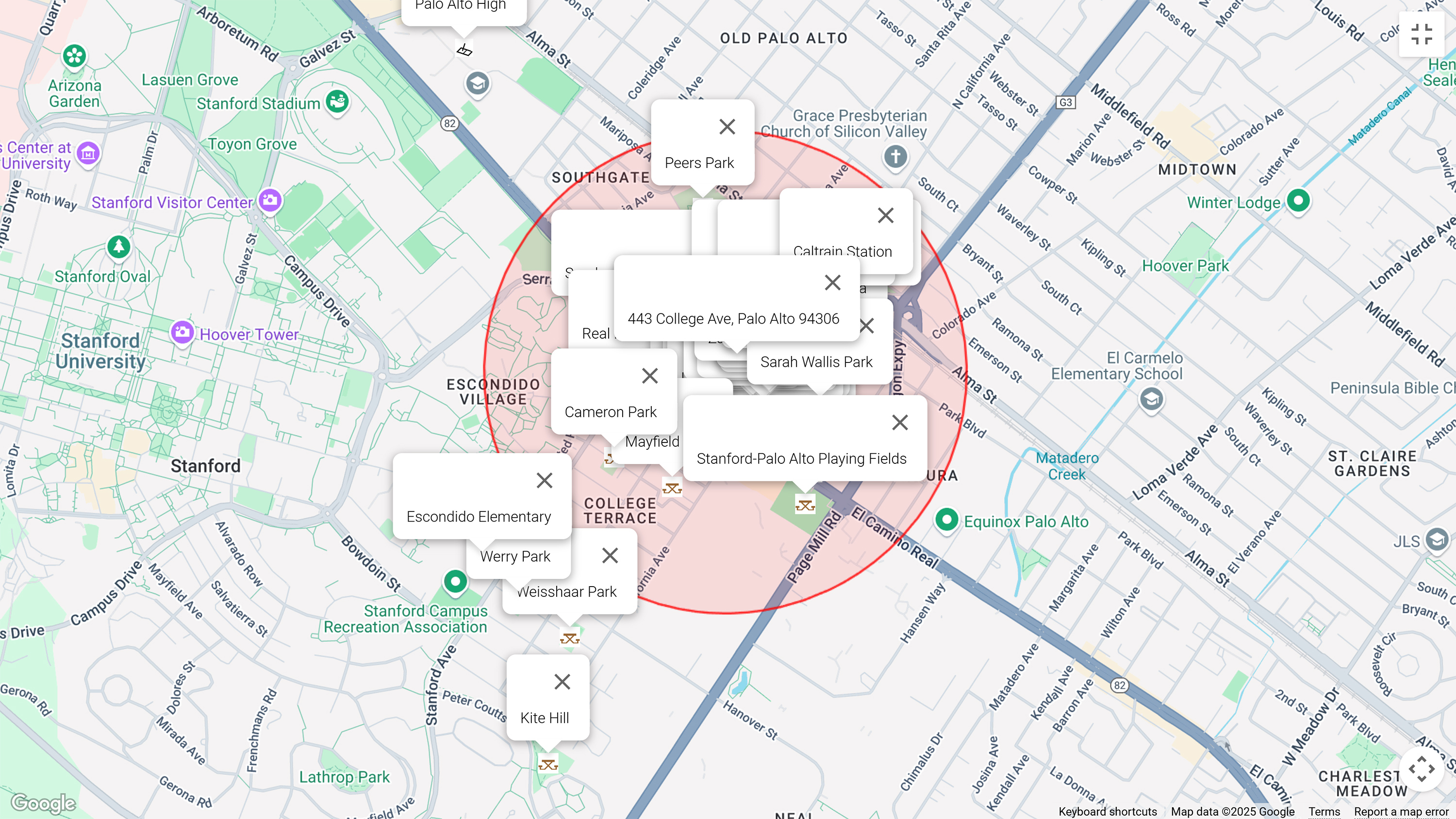 Map of attractions near 443 College Ave, Palo Alto 94306