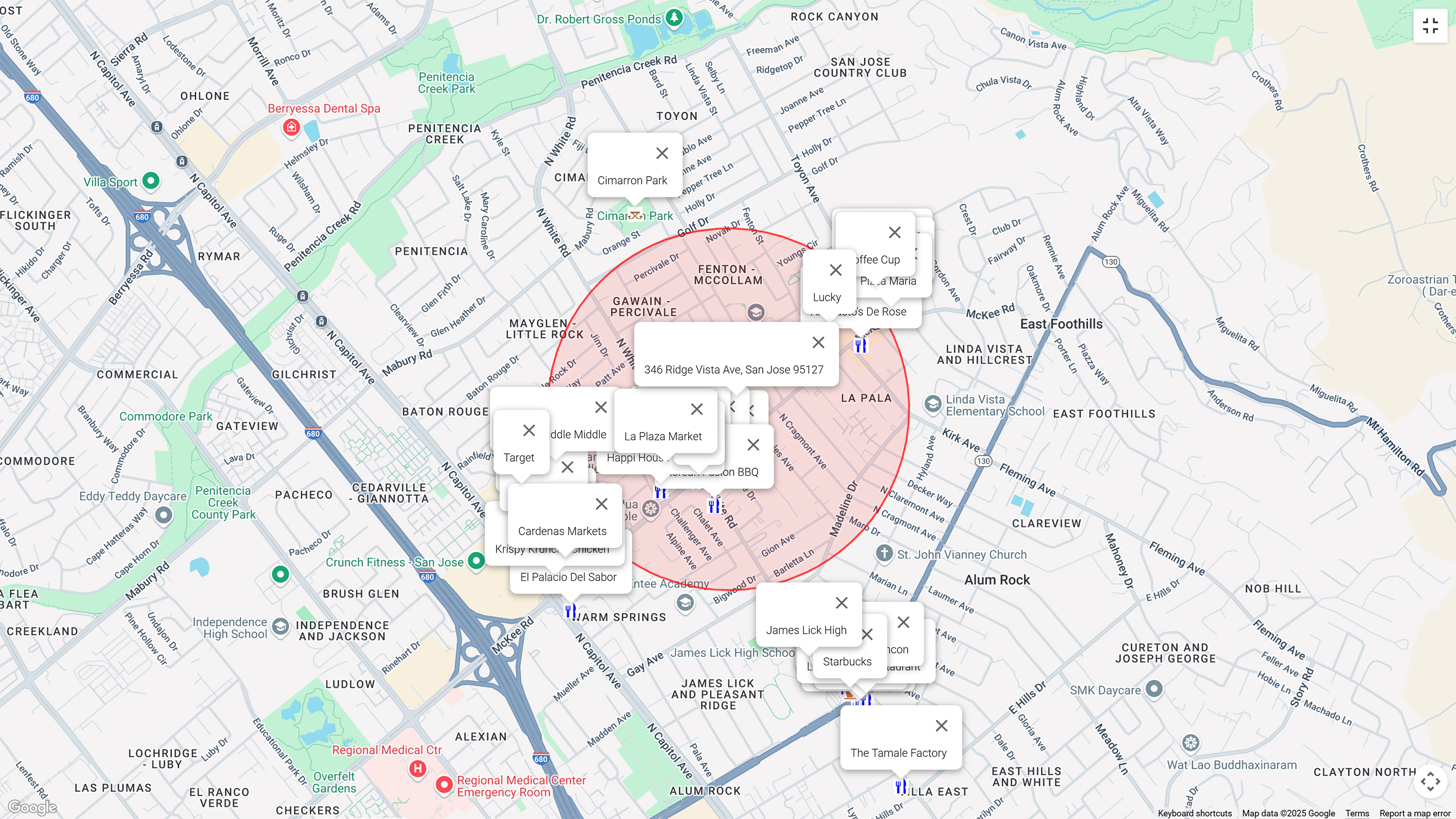Map of attractions near 346 Ridge Vista Ave, San Jose 95127