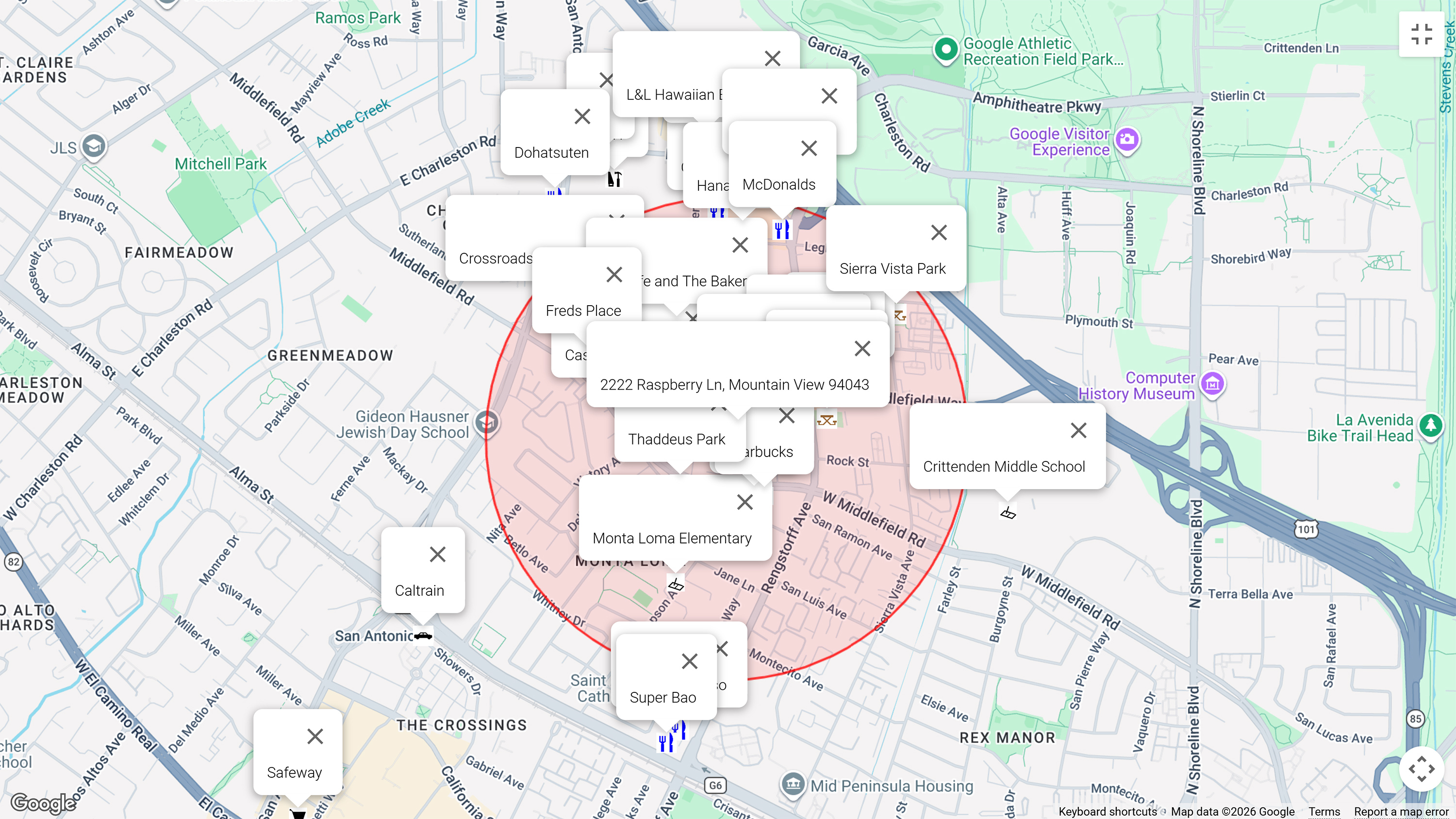 Map of attractions near 2222 Raspberry Ln, Mountain View 94043