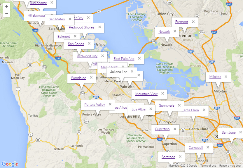 Map with Silicon Valley city information links