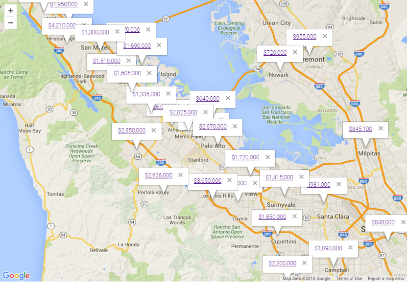 Map showing Silicon Valley home values by city