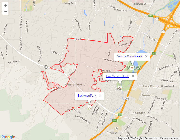 Map of Monte Sereno showing parks