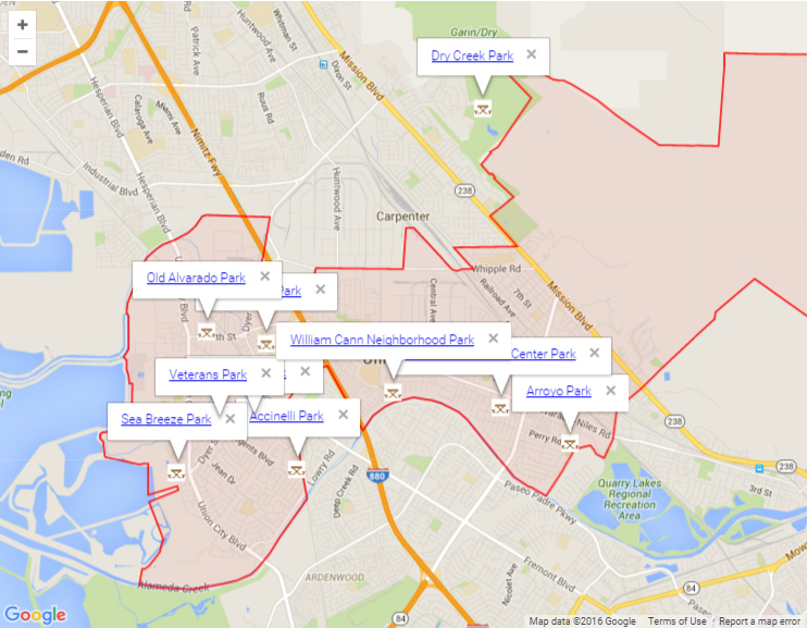 Map of Union City showing parks